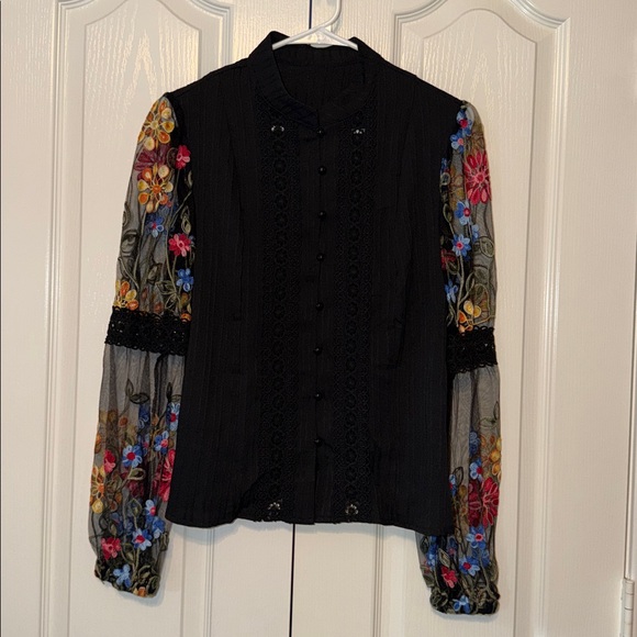 SHEIN Tops - Boho Sheer Mesh Floral Embroidered Button Down Up Shirt Top Blouse Black US 4